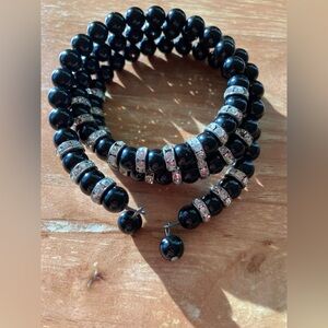 Black Beaded Stretch Bracelet with Rhinestone Spacers